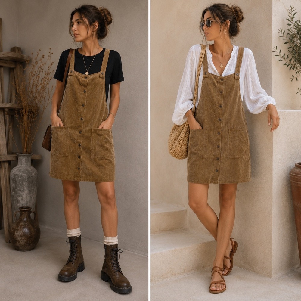 Corduroy Button-Down Pinafore Dress Overall 90s Jumper Tan CottageCore M Retro